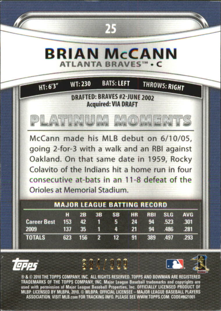 2010 Bowman Platinum Refractors #25 Brian McCann back image