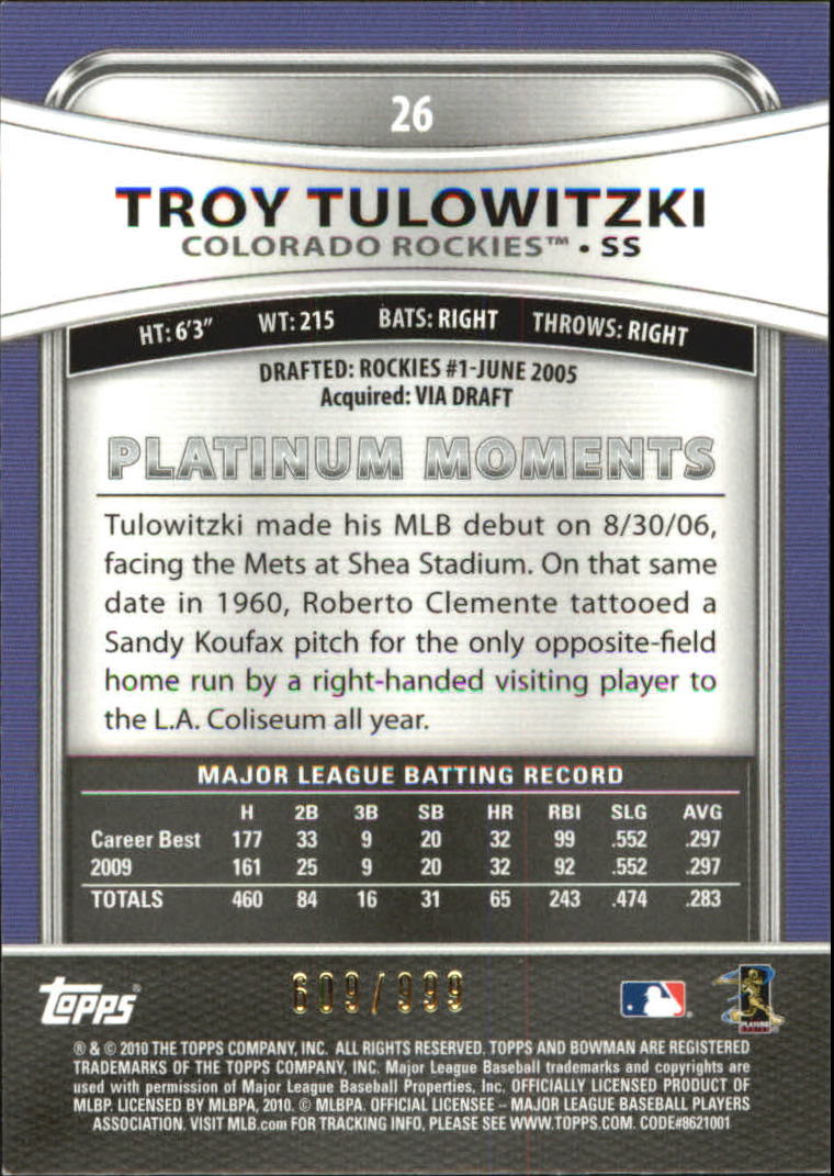 2010 Bowman Platinum Refractors #26 Troy Tulowitzki back image