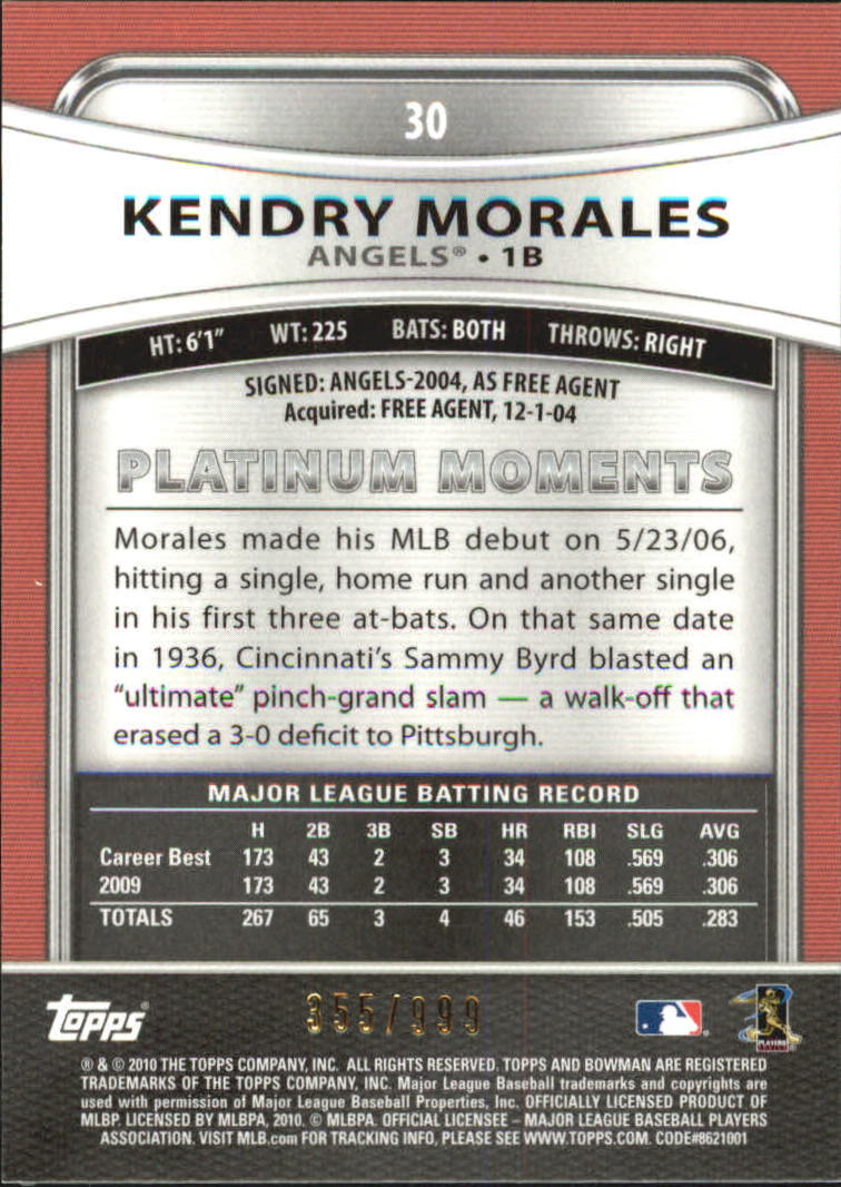 2010 Bowman Platinum Refractors #30 Kendry Morales back image