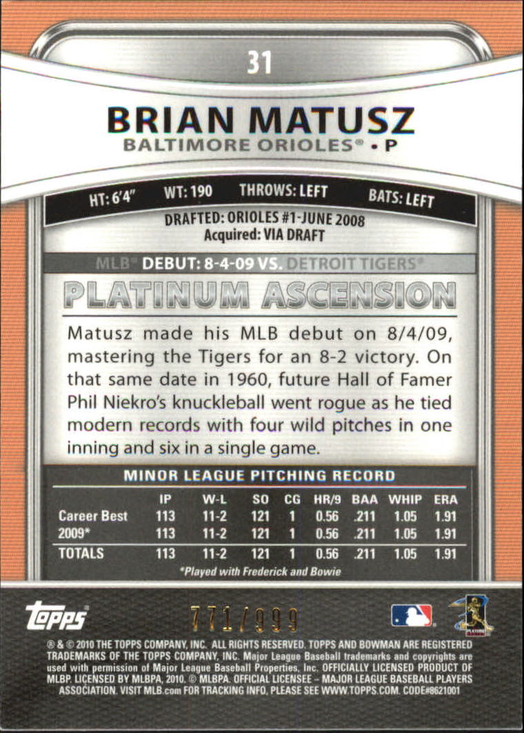 2010 Bowman Platinum Refractors #31 Brian Matusz back image
