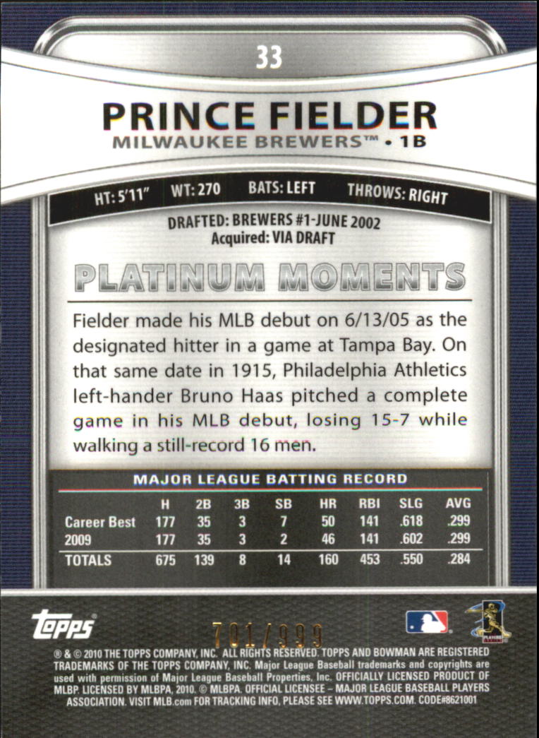 2010 Bowman Platinum Refractors #33 Prince Fielder back image