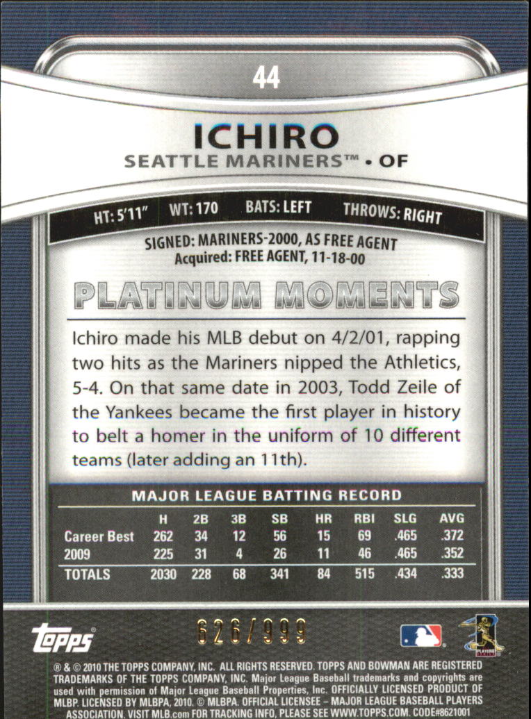 2010 Bowman Platinum Refractors #44 Ichiro Suzuki back image