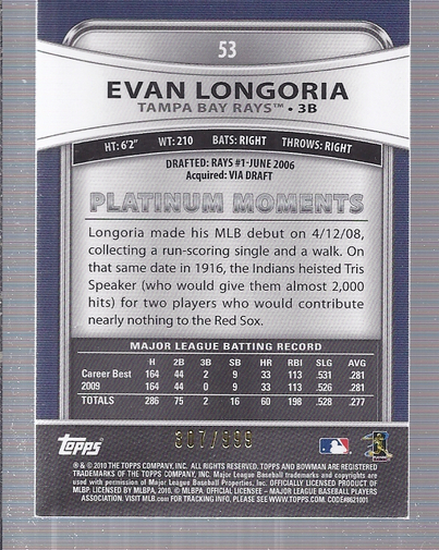 2010 Bowman Platinum Refractors #53 Evan Longoria back image