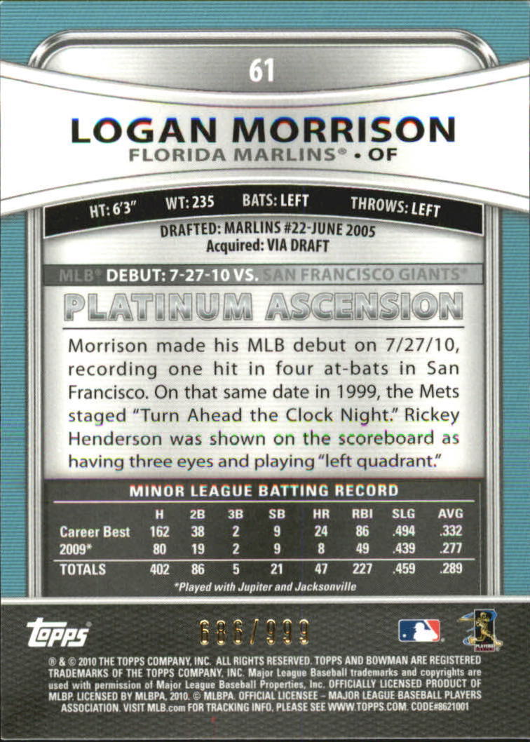 2010 Bowman Platinum Refractors #61 Logan Morrison back image