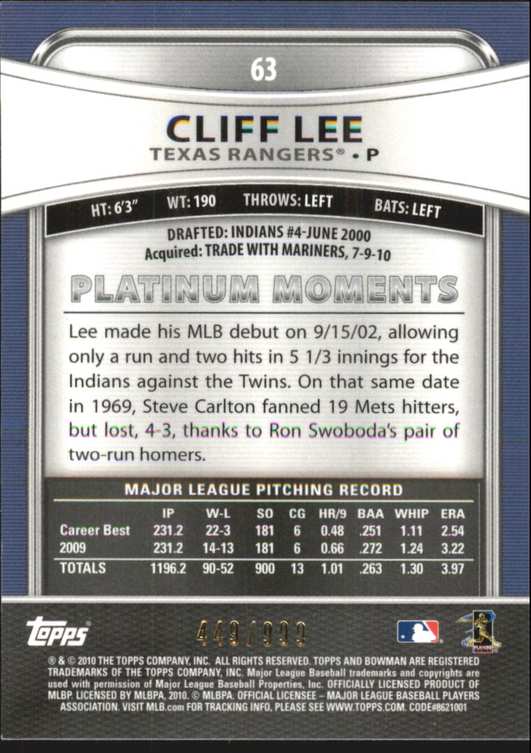 2010 Bowman Platinum Refractors #63 Cliff Lee back image