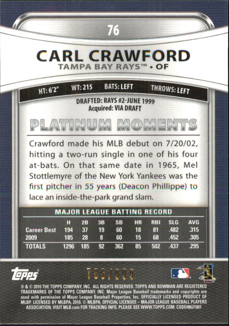 2010 Bowman Platinum Refractors #76 Carl Crawford back image