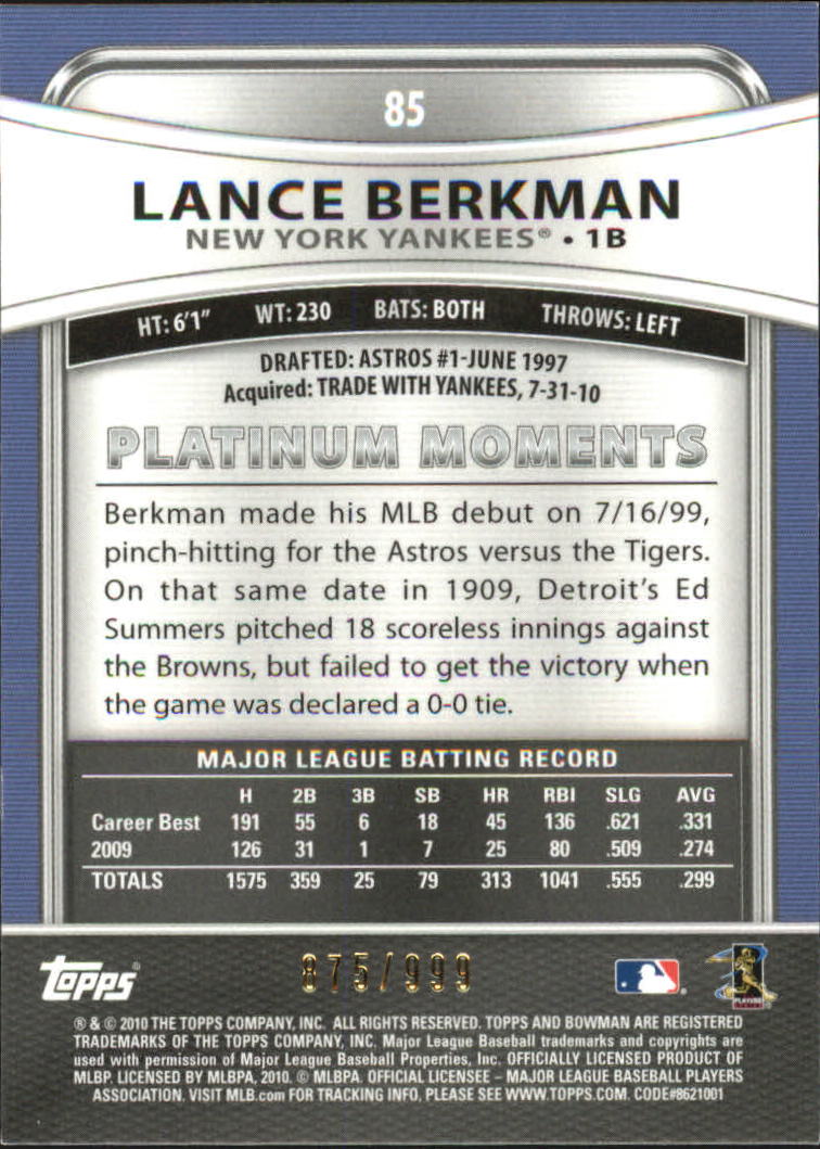 2010 Bowman Platinum Refractors #85 Lance Berkman back image