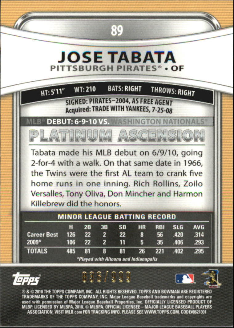 2010 Bowman Platinum Refractors #89 Jose Tabata back image