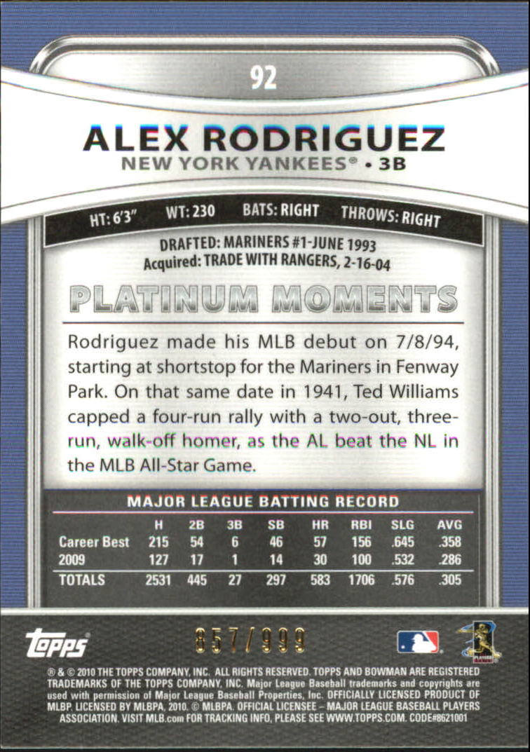 2010 Bowman Platinum Refractors #92 Alex Rodriguez back image