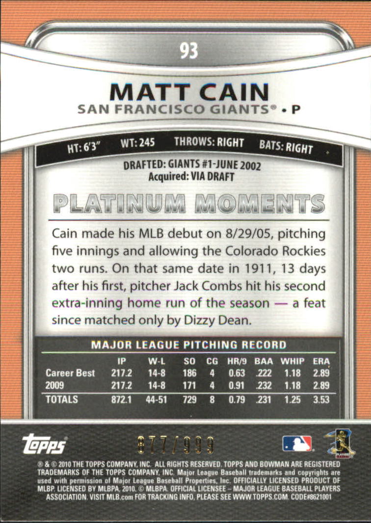 2010 Bowman Platinum Refractors #93 Matt Cain back image