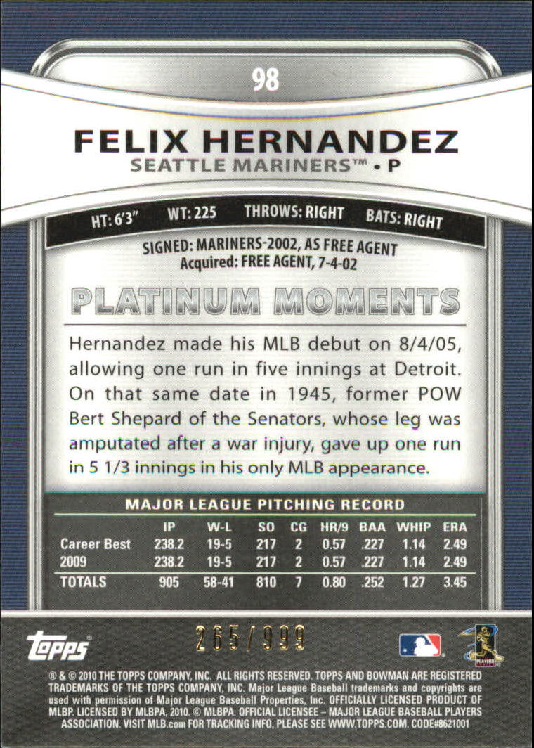 2010 Bowman Platinum Refractors #98 Felix Hernandez back image