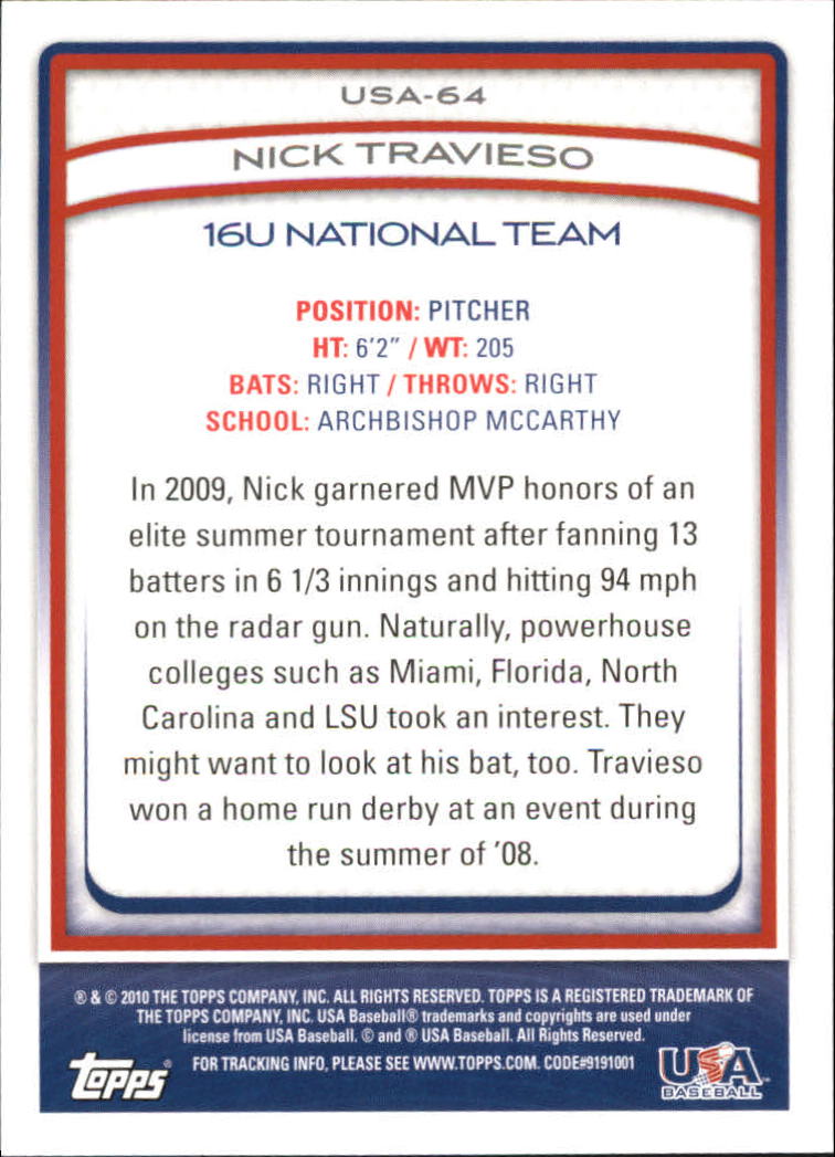 2010 USA Baseball #USA64 Nick Travieso back image