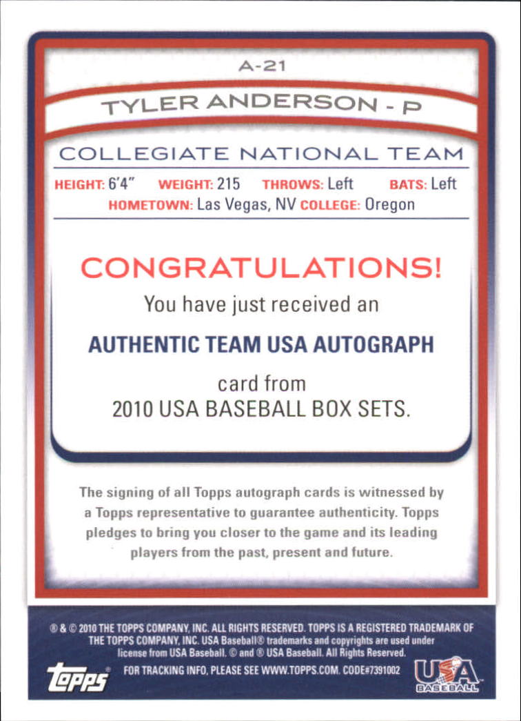 2010 USA Baseball Autographs #A21 Tyler Anderson back image