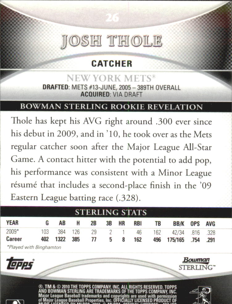 2010 Bowman Sterling #26 Josh Thole RC back image