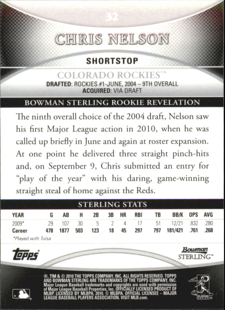 2010 Bowman Sterling #32 Chris Nelson (RC) back image