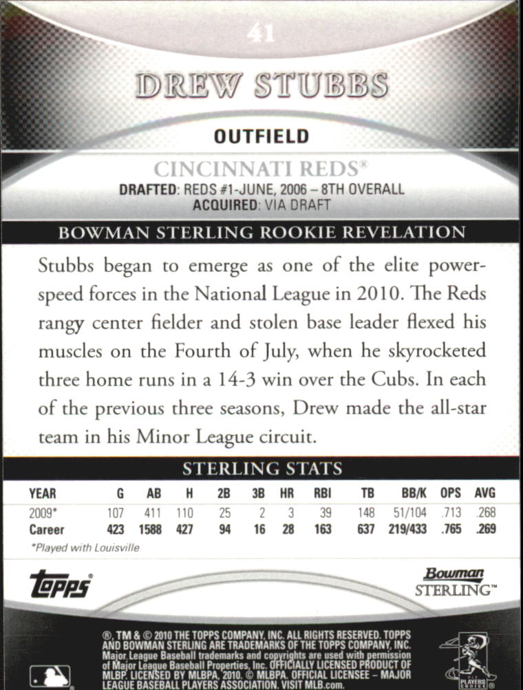 2010 Bowman Sterling #41 Drew Stubbs RC back image