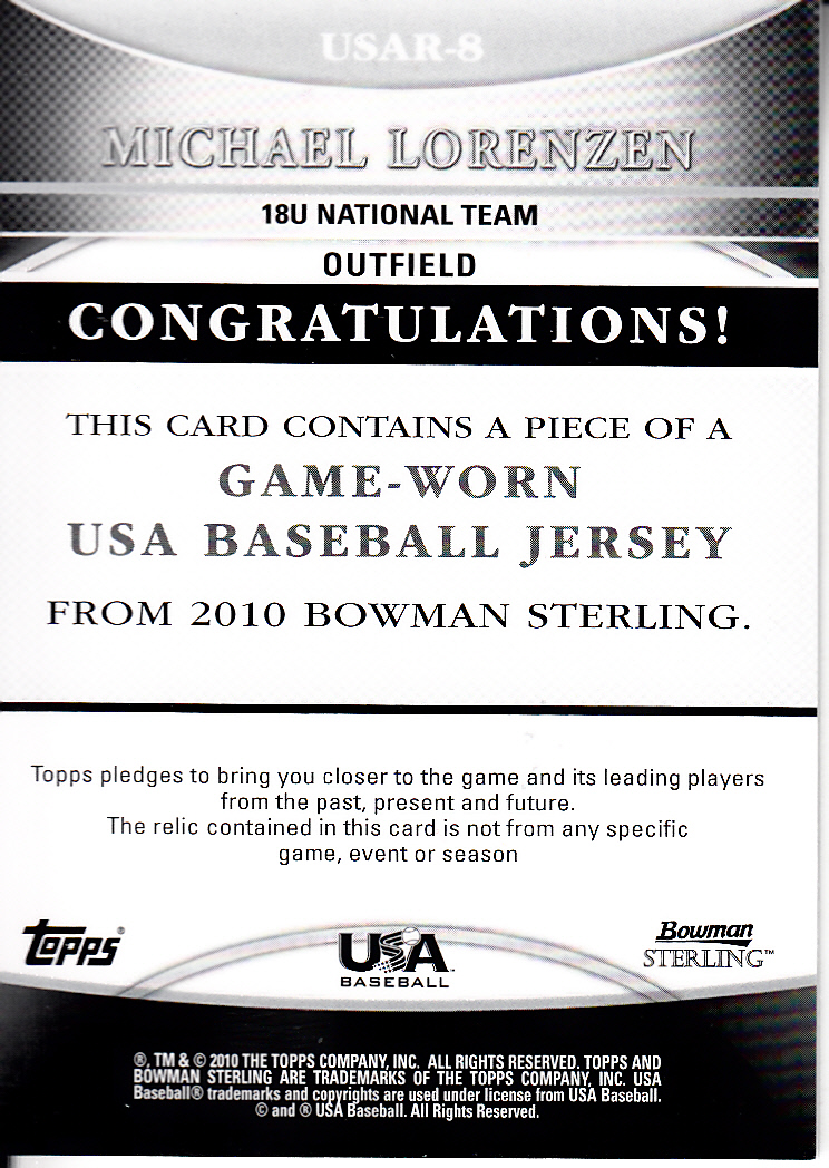 2010 Bowman Sterling USA Baseball Relics #USAR8 Michael Lorenzen back image
