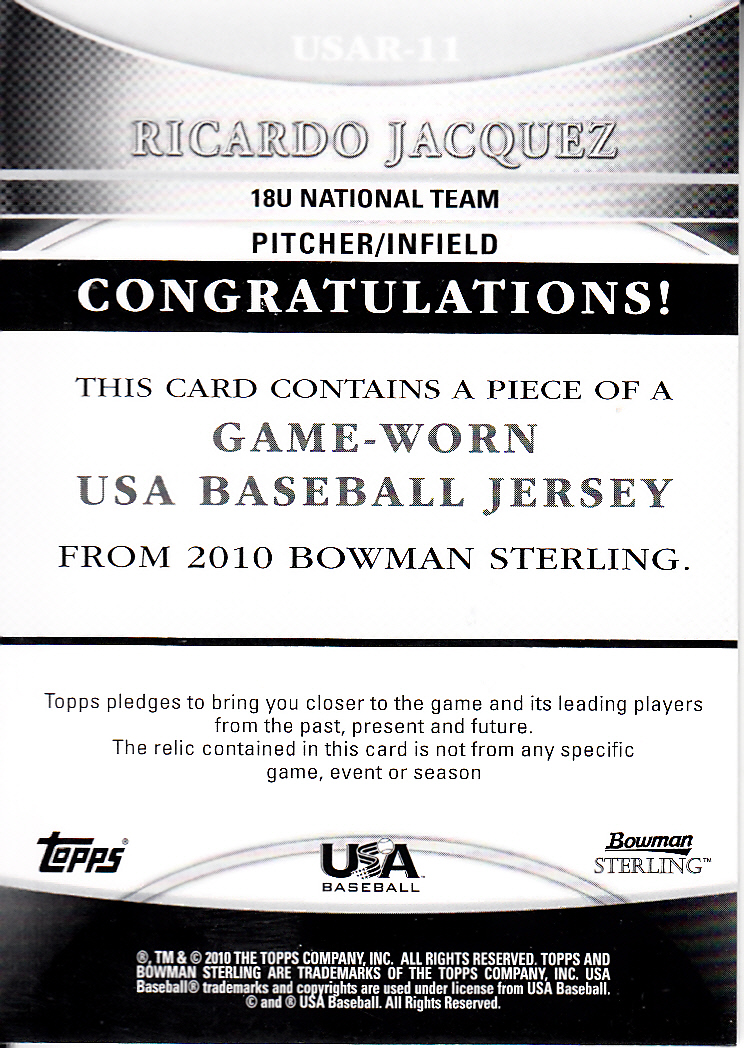 2010 Bowman Sterling USA Baseball Relics #USAR11 Ricardo Jacquez back image