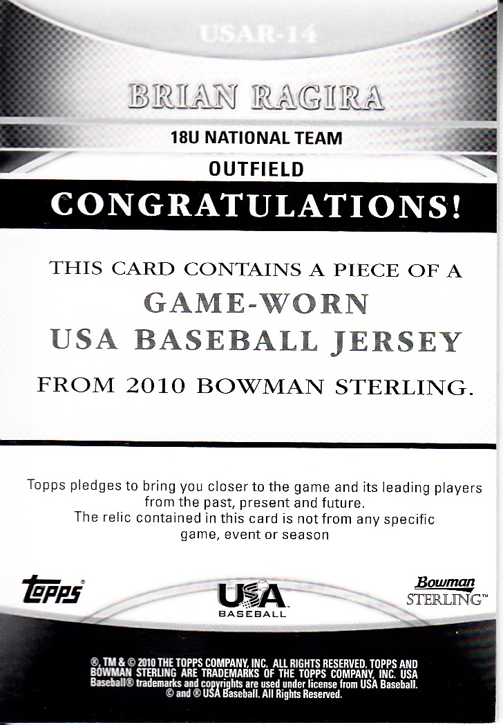 2010 Bowman Sterling USA Baseball Relics #USAR14 Brian Ragira back image