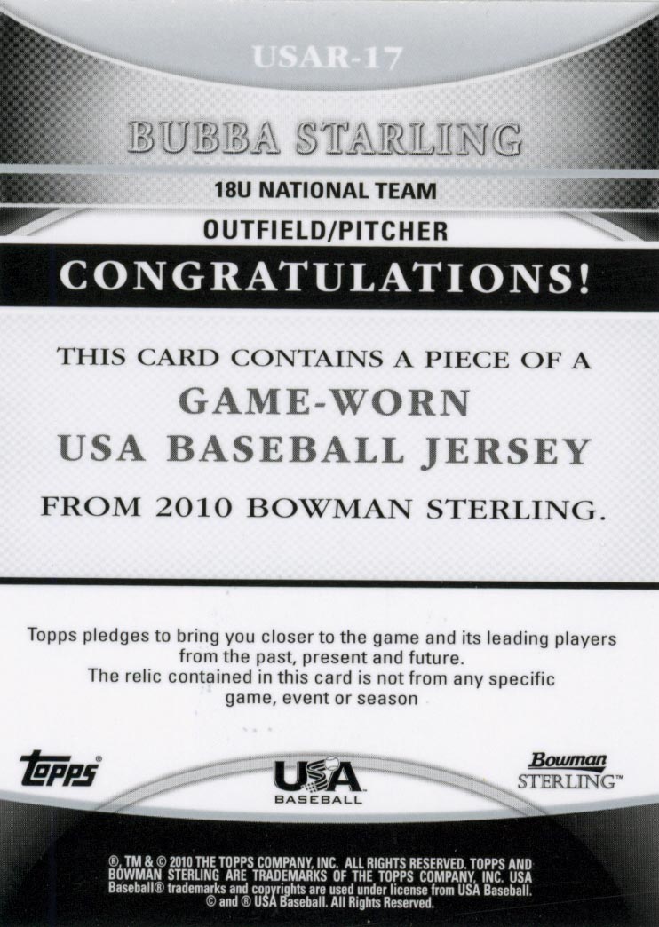 2010 Bowman Sterling USA Baseball Relics #USAR17 Bubba Starling back image