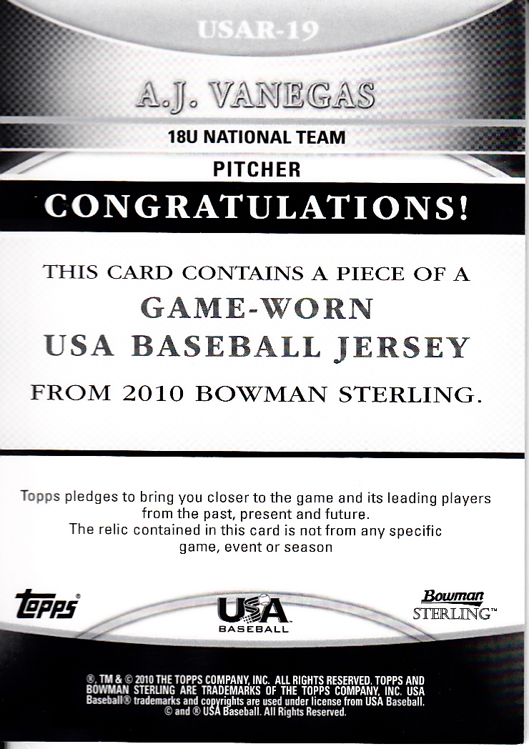 2010 Bowman Sterling USA Baseball Relics #USAR19 A.J. Vanegas back image