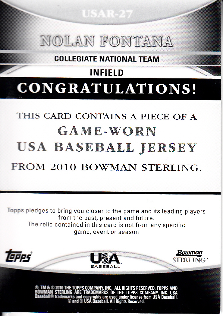 2010 Bowman Sterling USA Baseball Relics #USAR27 Nolan Fontana back image