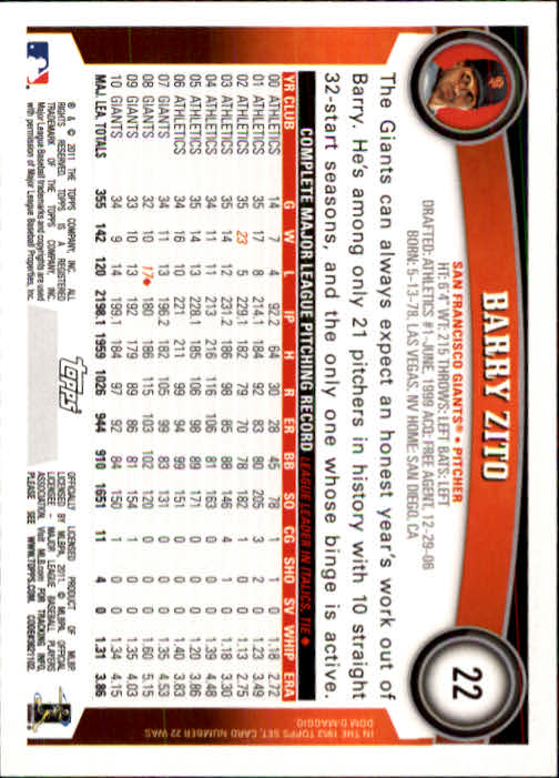 2011 Topps #22 Barry Zito back image