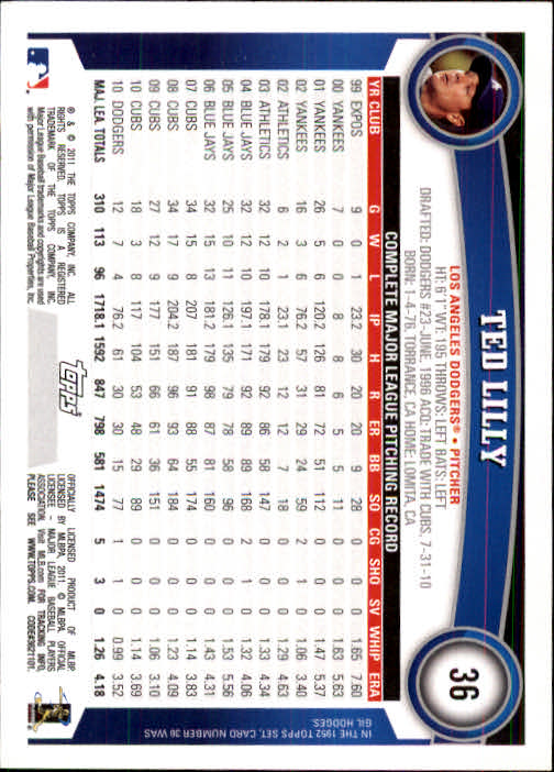2011 Topps #36 Ted Lilly back image