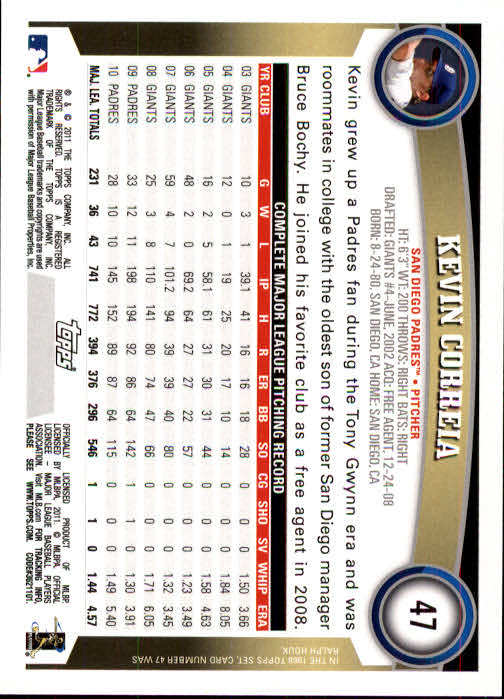 2011 Topps #47 Kevin Correia back image