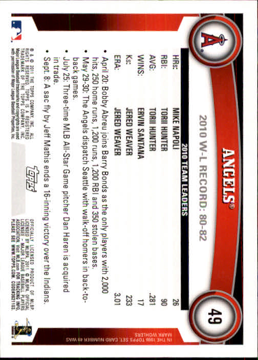 2011 Topps #49 Los Angeles Angels TC back image