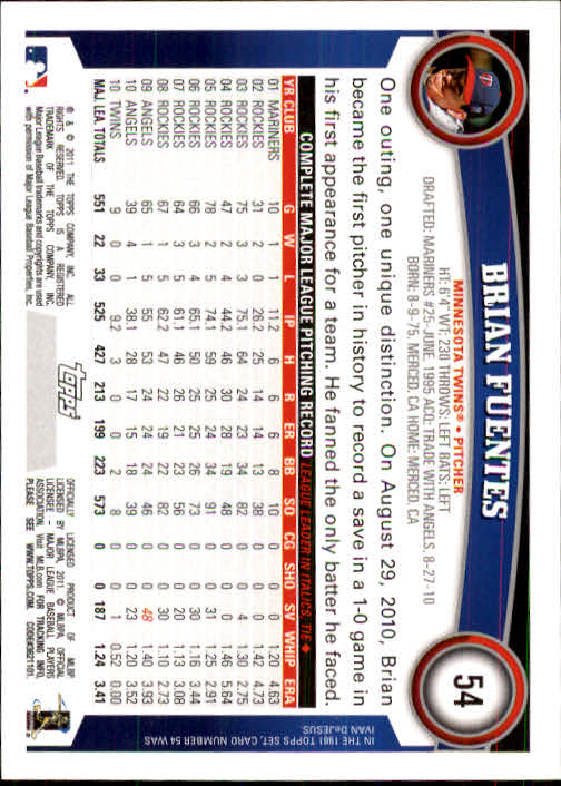 2011 Topps #54 Brian Fuentes back image