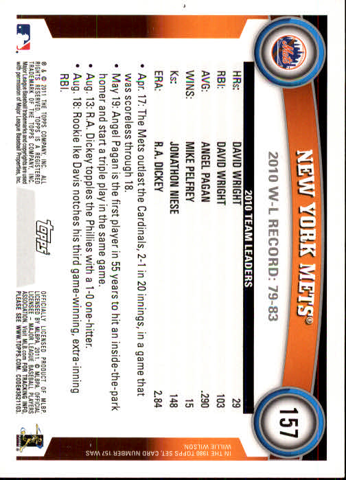 2011 Topps #157 New York Mets TC back image