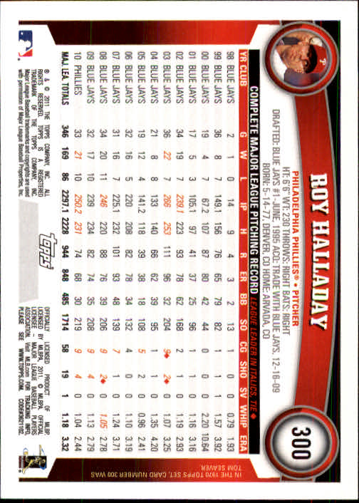 2011 Topps #300A Roy Halladay back image