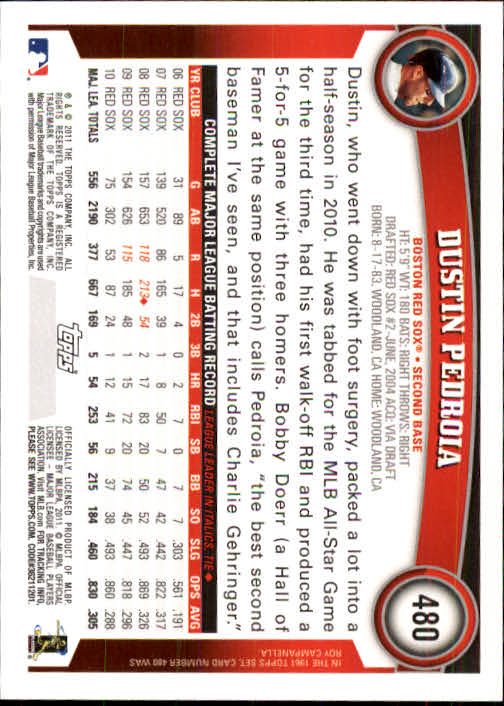 2011 Topps #480A Dustin Pedroia back image