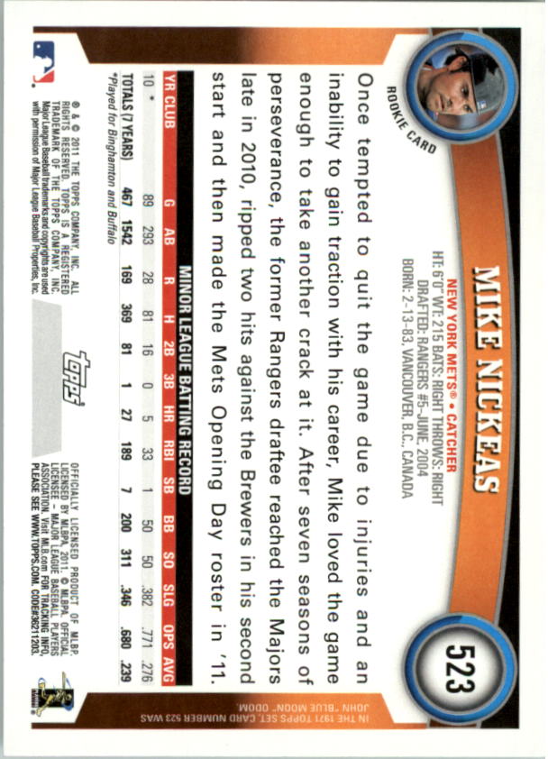 2011 Topps #523 Mike Nickeas (RC) back image