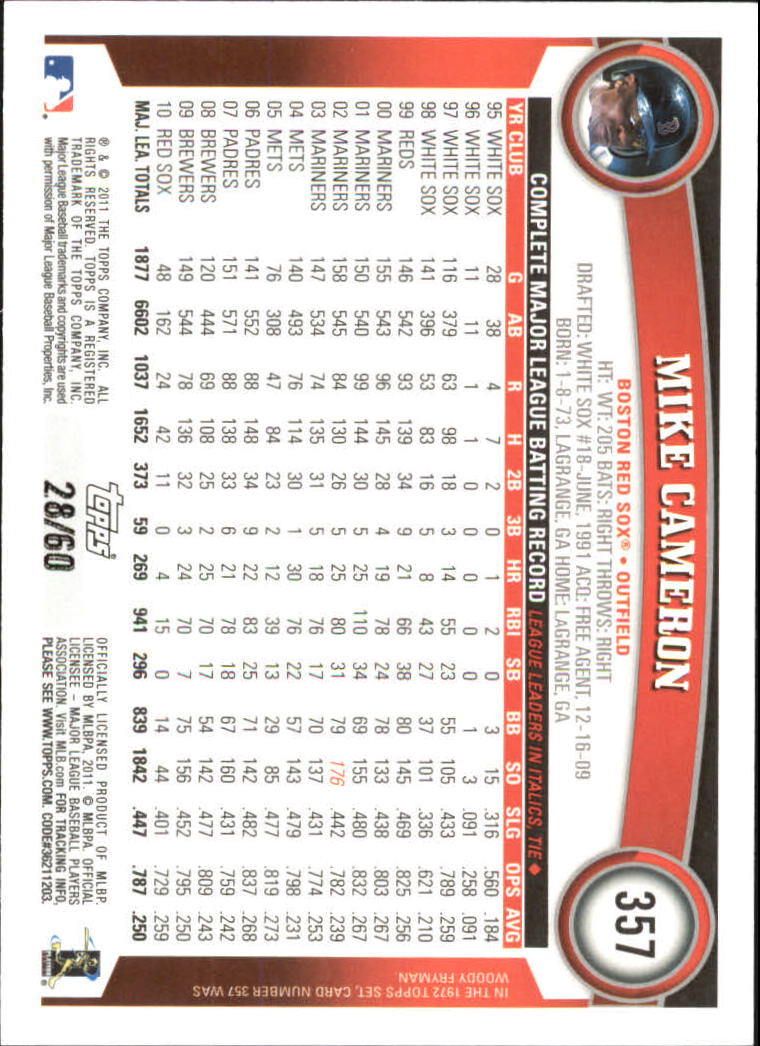 2011 Topps Black #357 Mike Cameron back image
