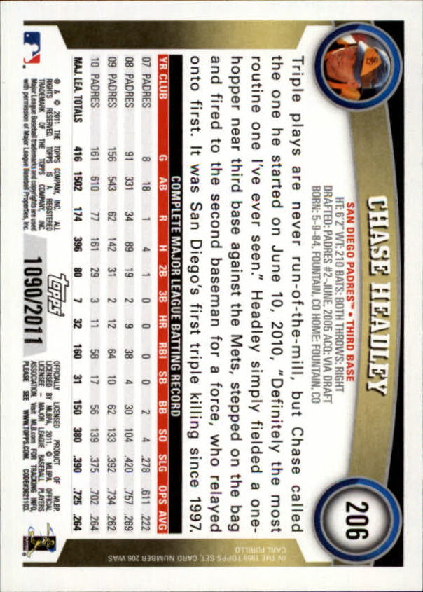 2011 Topps Gold #206 Chase Headley back image