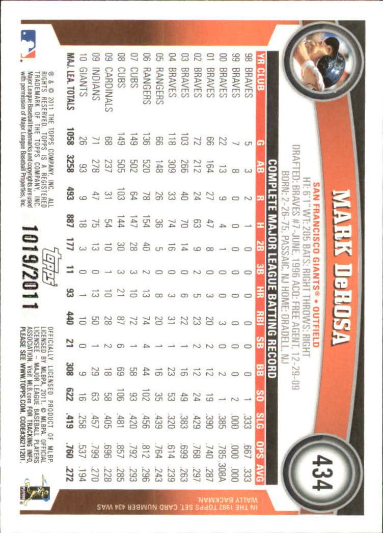 2011 Topps Gold #434 Mark DeRosa back image