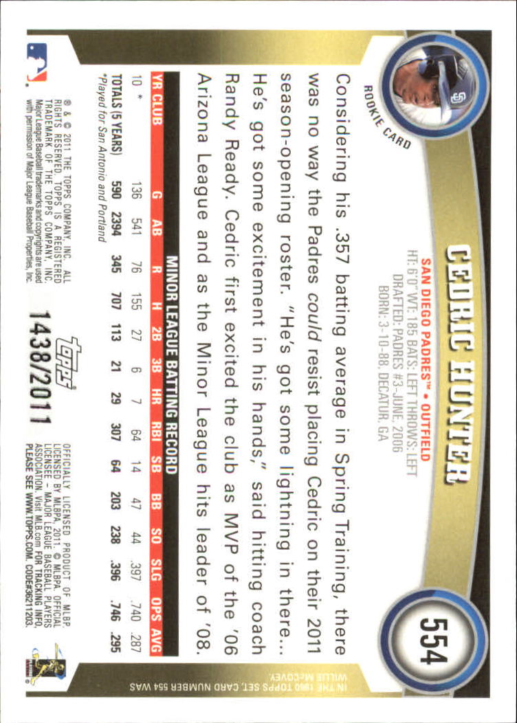2011 Topps Gold #554 Cedric Hunter back image