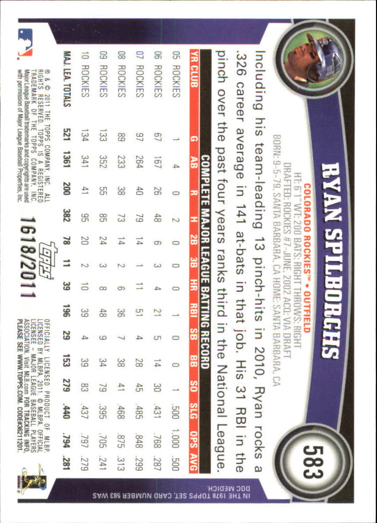 2011 Topps Gold #583 Ryan Spilborghs back image