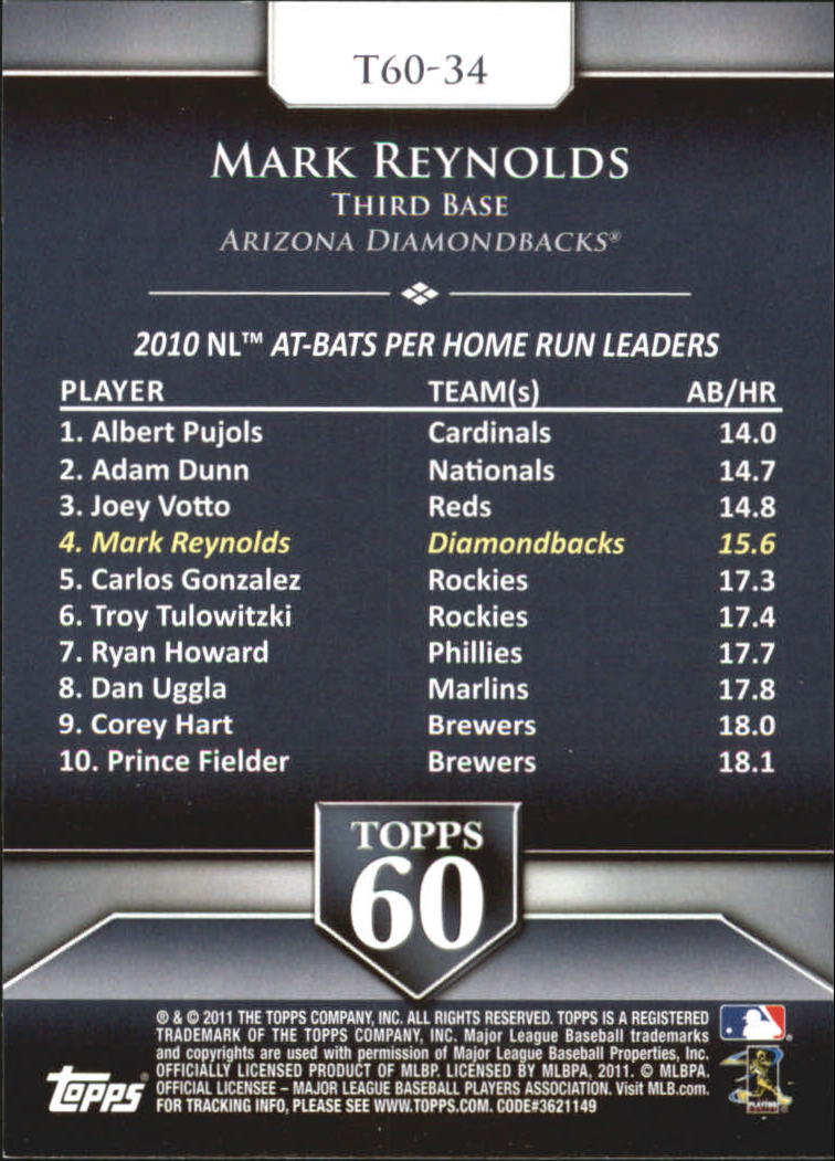 2011 Topps 60 #34 Mark Reynolds back image