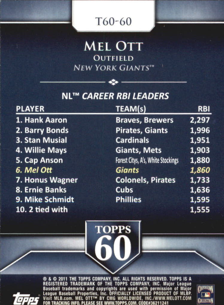 2011 Topps 60 #60 Mel Ott back image