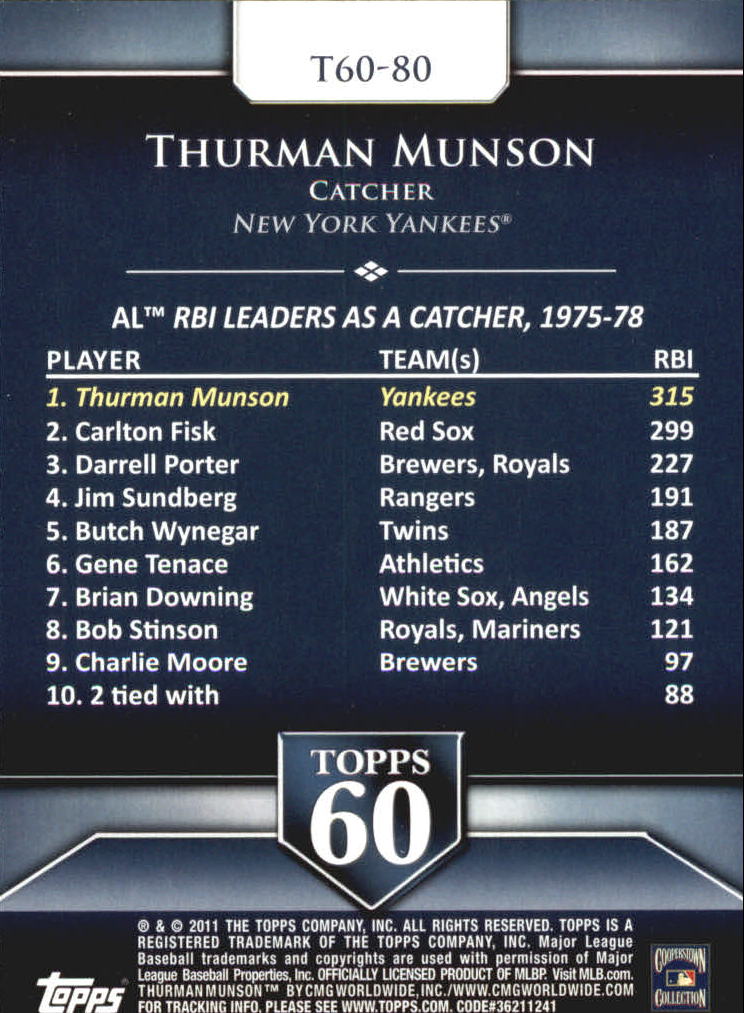 2011 Topps 60 #80 Thurman Munson back image