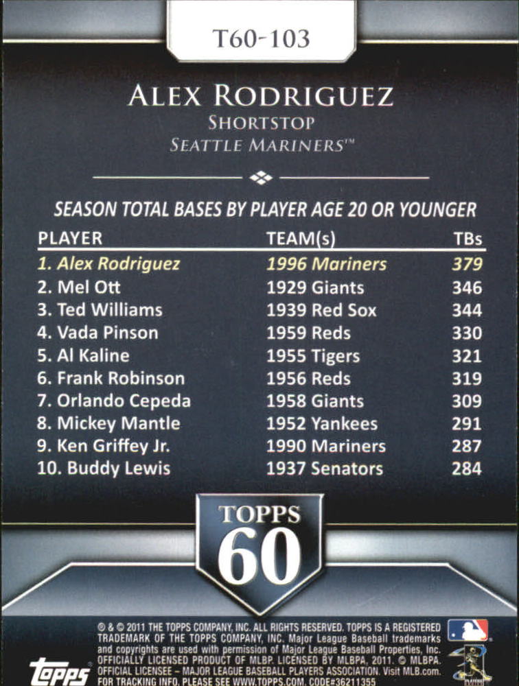 2011 Topps 60 #103 Alex Rodriguez back image