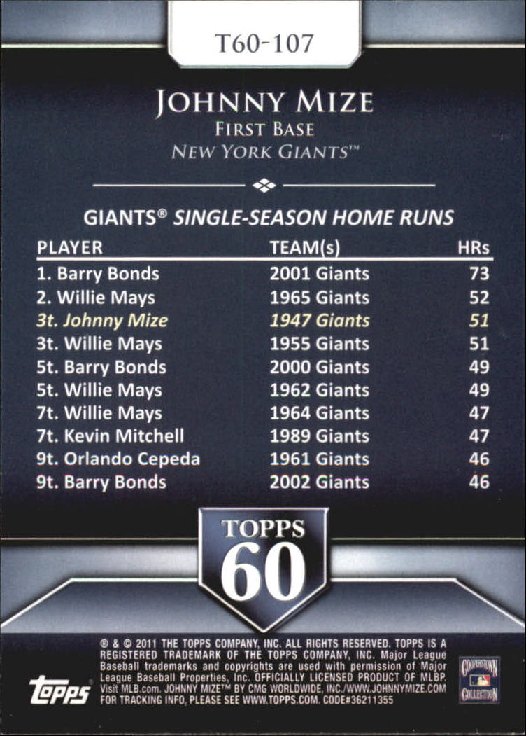 2011 Topps 60 #107 Johnny Mize back image