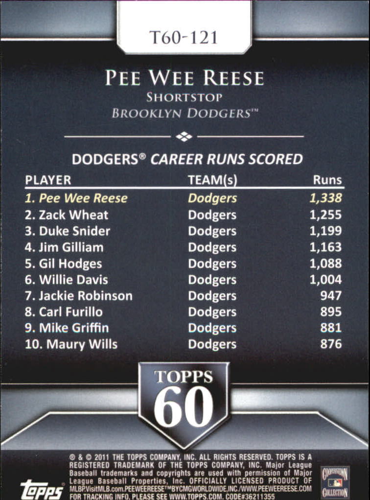 2011 Topps 60 #121 Pee Wee Reese back image