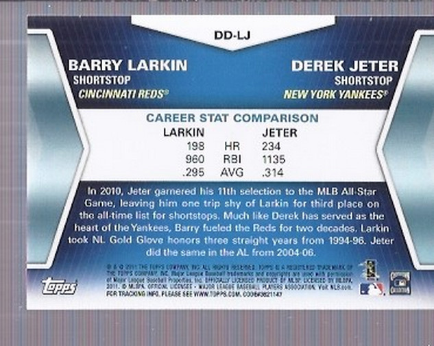 2011 Topps Diamond Duos #LJ Barry Larkin/Derek Jeter back image