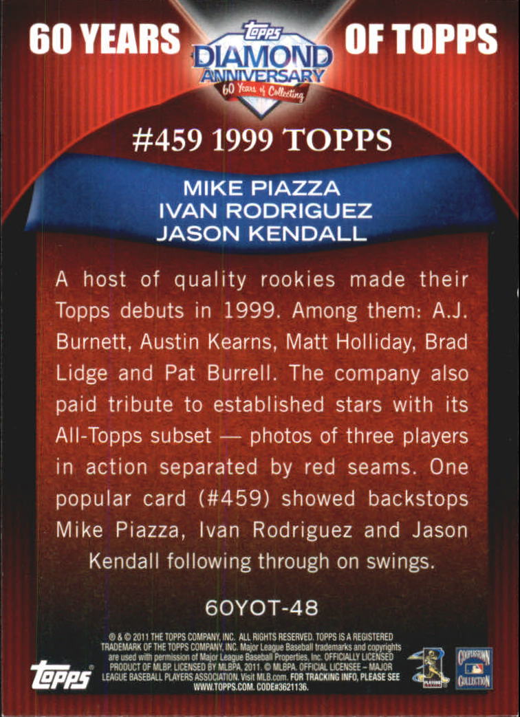 2011 Topps 60 Years of Topps #48 Mike Piazza/Ivan Rodriguez/Jason Kendall back image