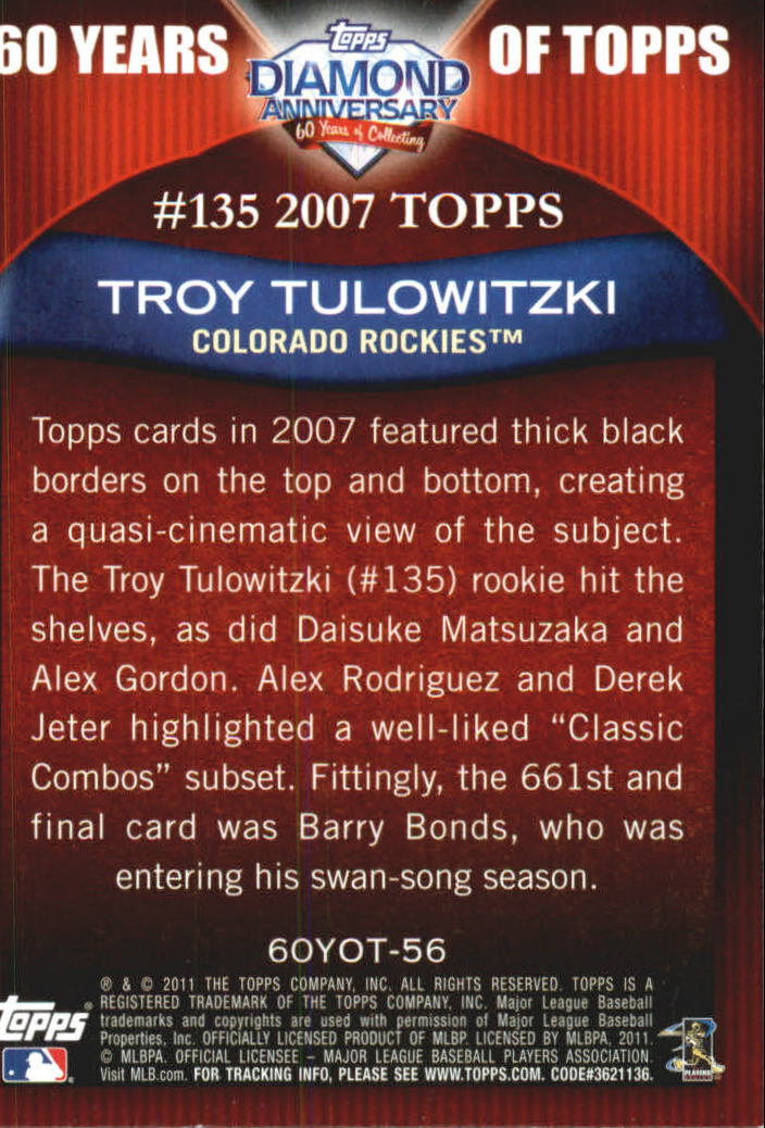 2011 Topps 60 Years of Topps #56 Troy Tulowitzki back image