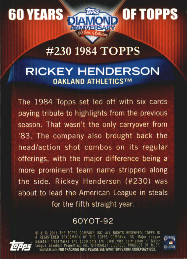 2011 Topps 60 Years of Topps #92 Rickey Henderson back image